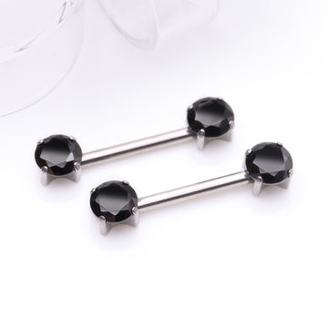 Detail View 1 of A Pair of Implant Grade Titanium OneFit Threadless Prong Gem Sparkle Nipple Barbell-Black